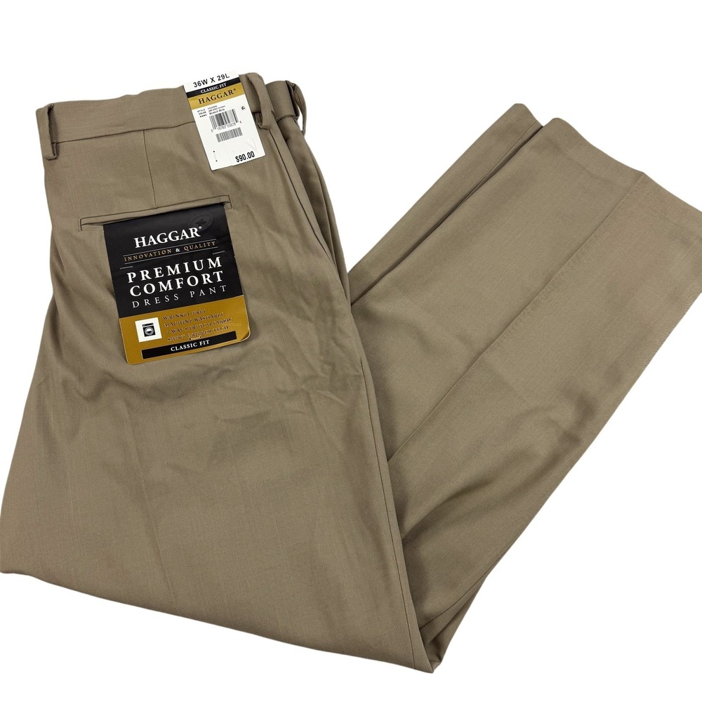 Haggar Premium Comfort Dress Pants Mens 36x29 Beige Classic Fit Stretch NEW $90